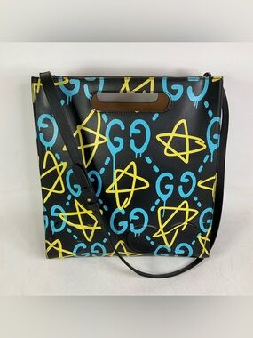 Gucci Ghost Graffiti Leather Tote Shoulder Bag Black GG Stars Embossed